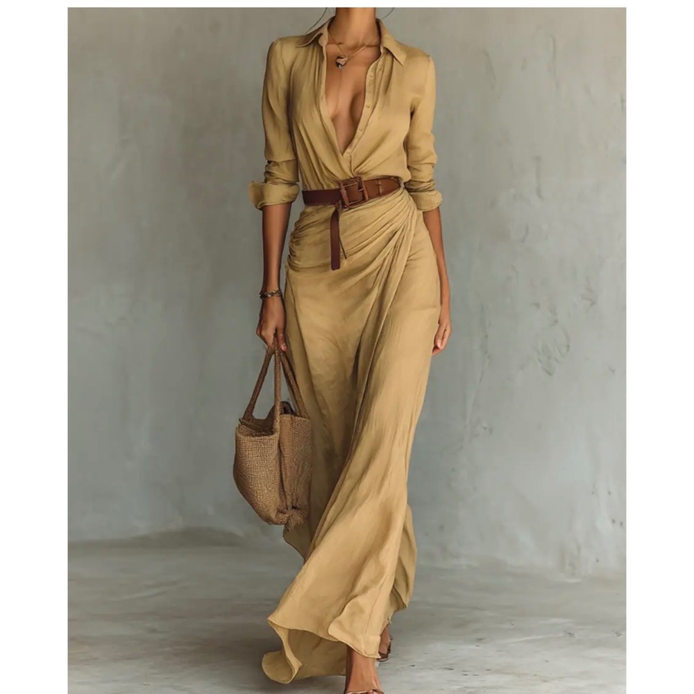 Oaklyn Helena Maxi Dress Ruched Draped Shirt Dress bohemian lightweight cotton